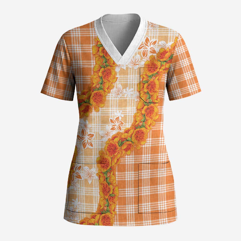Orange Hawaii Palaka Scrub Top Hawaiian Ilima Lei LT05 Adult Orange - Polynesian Pride