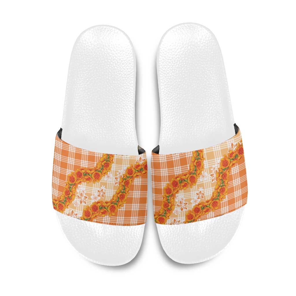Orange Hawaii Palaka Slide Sandals Hawaiian Ilima Lei