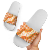 Orange Hawaii Palaka Slide Sandals Hawaiian Ilima Lei