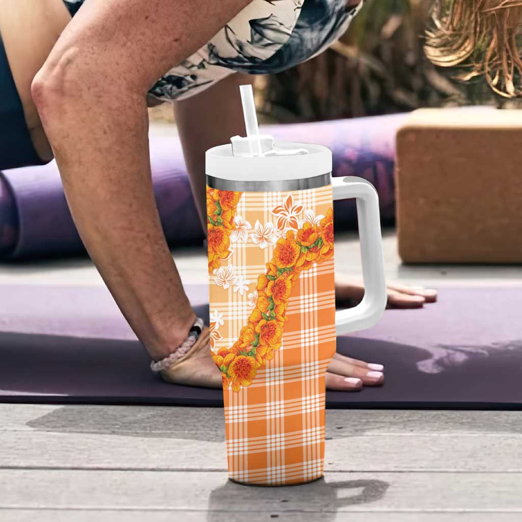 Orange Hawaii Palaka Tumbler With Handle Hawaiian Ilima Lei
