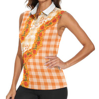 Orange Hawaii Palaka Women Sleeveless Polo Shirt Hawaiian Ilima Lei