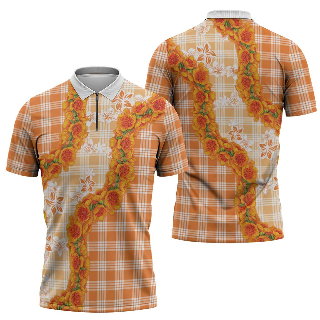 Orange Hawaii Palaka Zipper Polo Shirt Hawaiian Ilima Lei