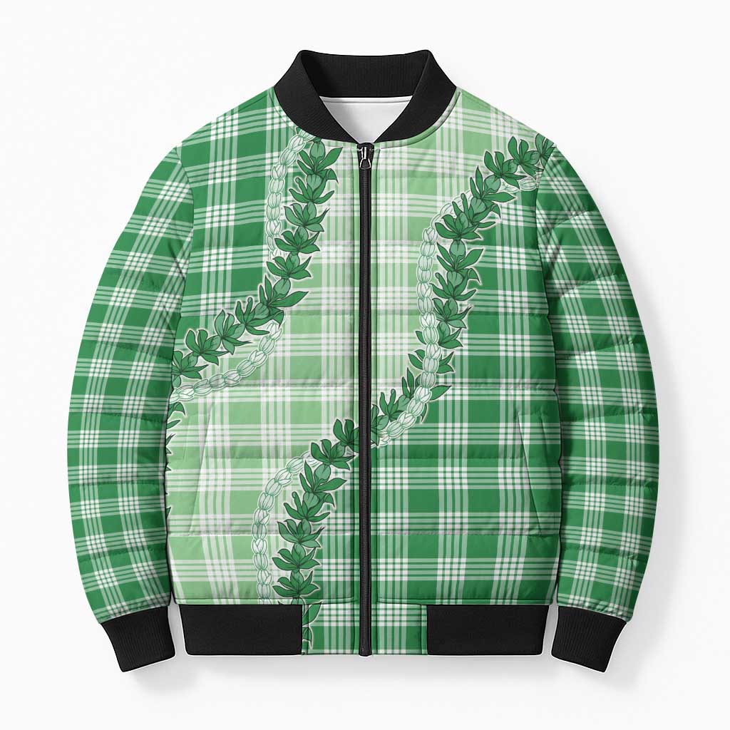 Green Hawaii Palaka Bomber Puffer Jacket Hawaiian Pikake Lei LT05 Unisex Green - Polynesian Pride