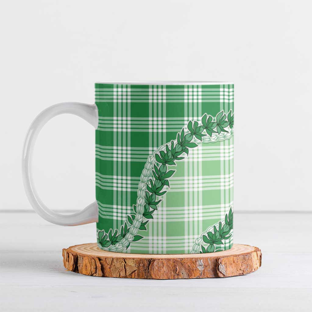 Green Hawaii Palaka Ceramic Mug Hawaiian Pikake Lei