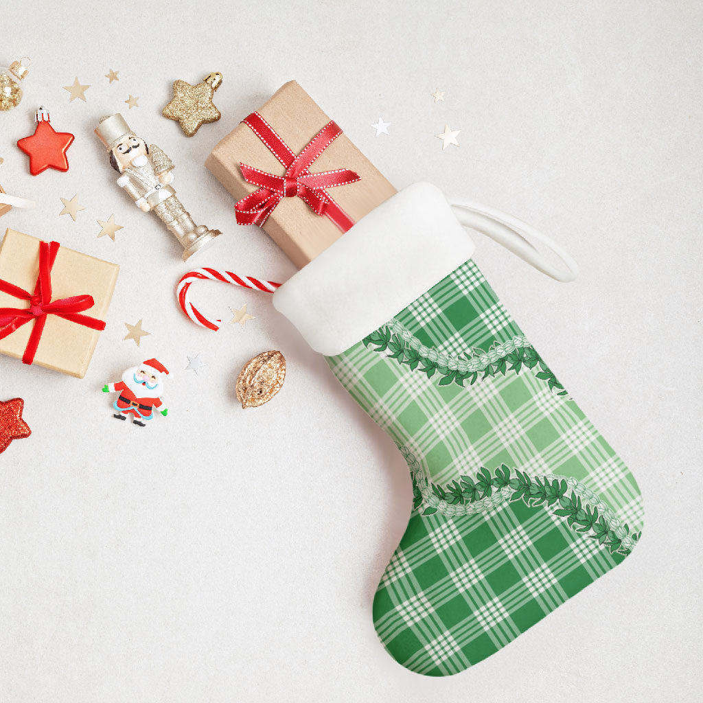 Green Hawaii Palaka Christmas Stocking Hawaiian Pikake Lei