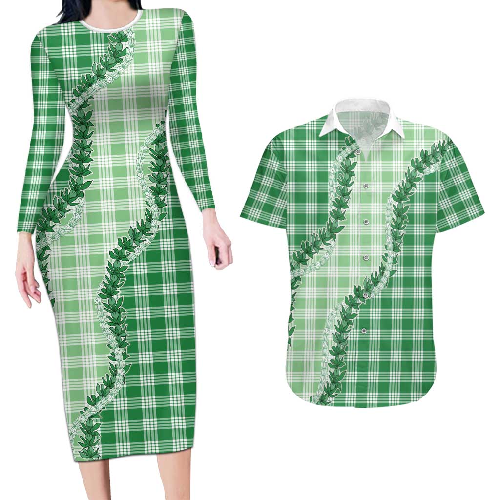 Green Hawaii Palaka Couples Matching Long Sleeve Bodycon Dress and Hawaiian Shirt Hawaiian Pikake Lei LT05 Green - Polynesian Pride
