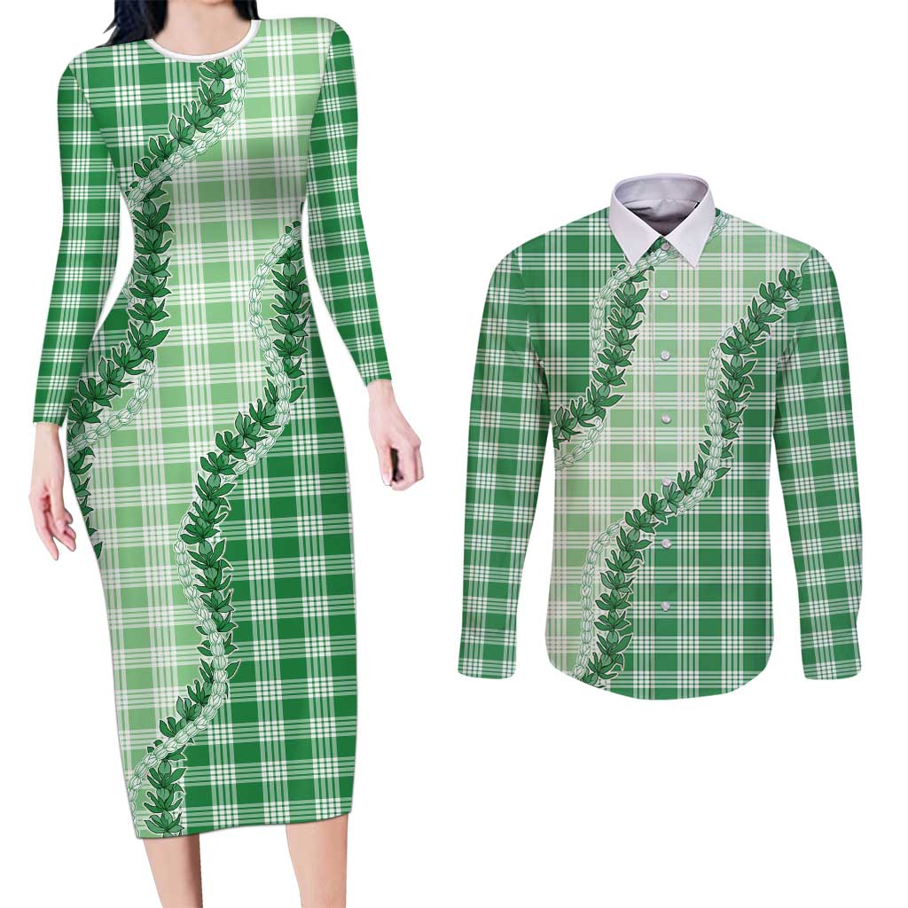 Green Hawaii Palaka Couples Matching Long Sleeve Bodycon Dress and Long Sleeve Button Shirt Hawaiian Pikake Lei LT05 Green - Polynesian Pride