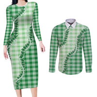 Green Hawaii Palaka Couples Matching Long Sleeve Bodycon Dress and Long Sleeve Button Shirt Hawaiian Pikake Lei LT05 Green - Polynesian Pride
