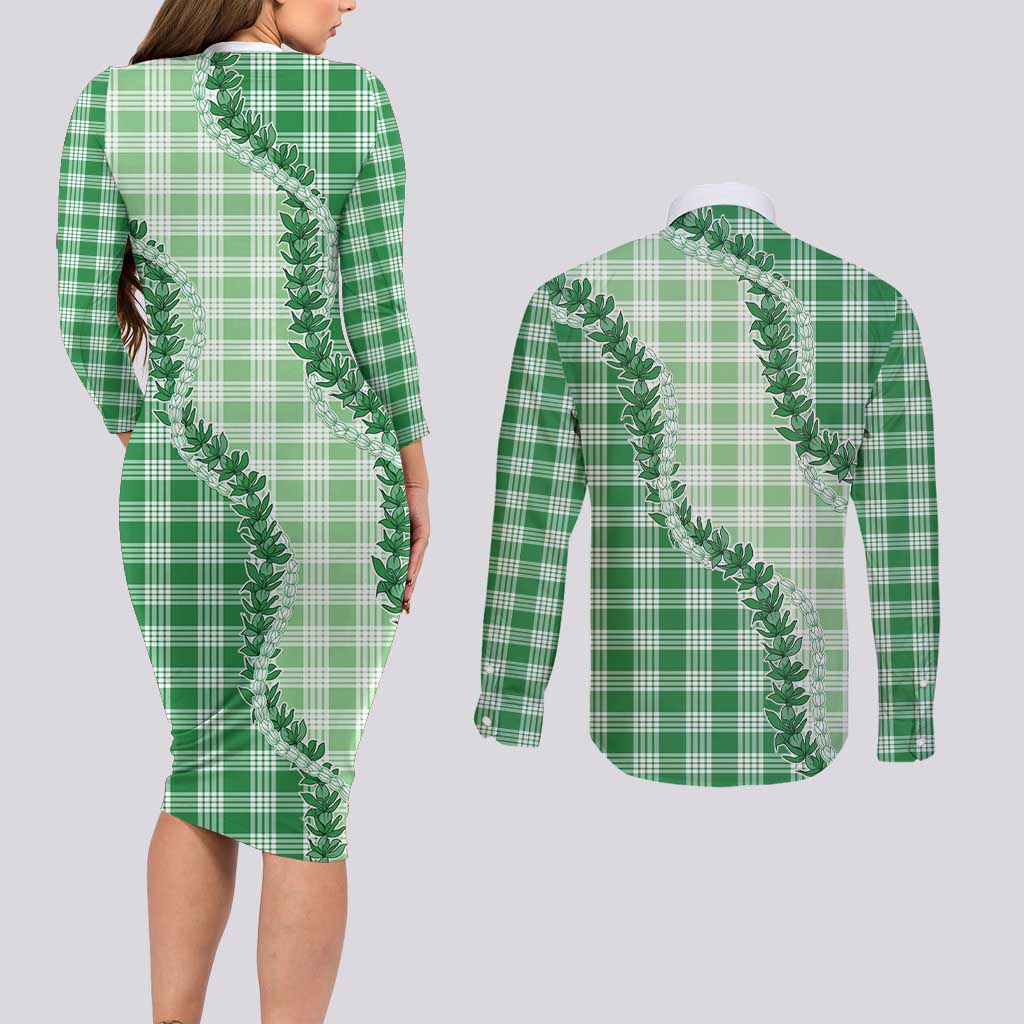 Green Hawaii Palaka Couples Matching Long Sleeve Bodycon Dress and Long Sleeve Button Shirt Hawaiian Pikake Lei LT05 - Polynesian Pride