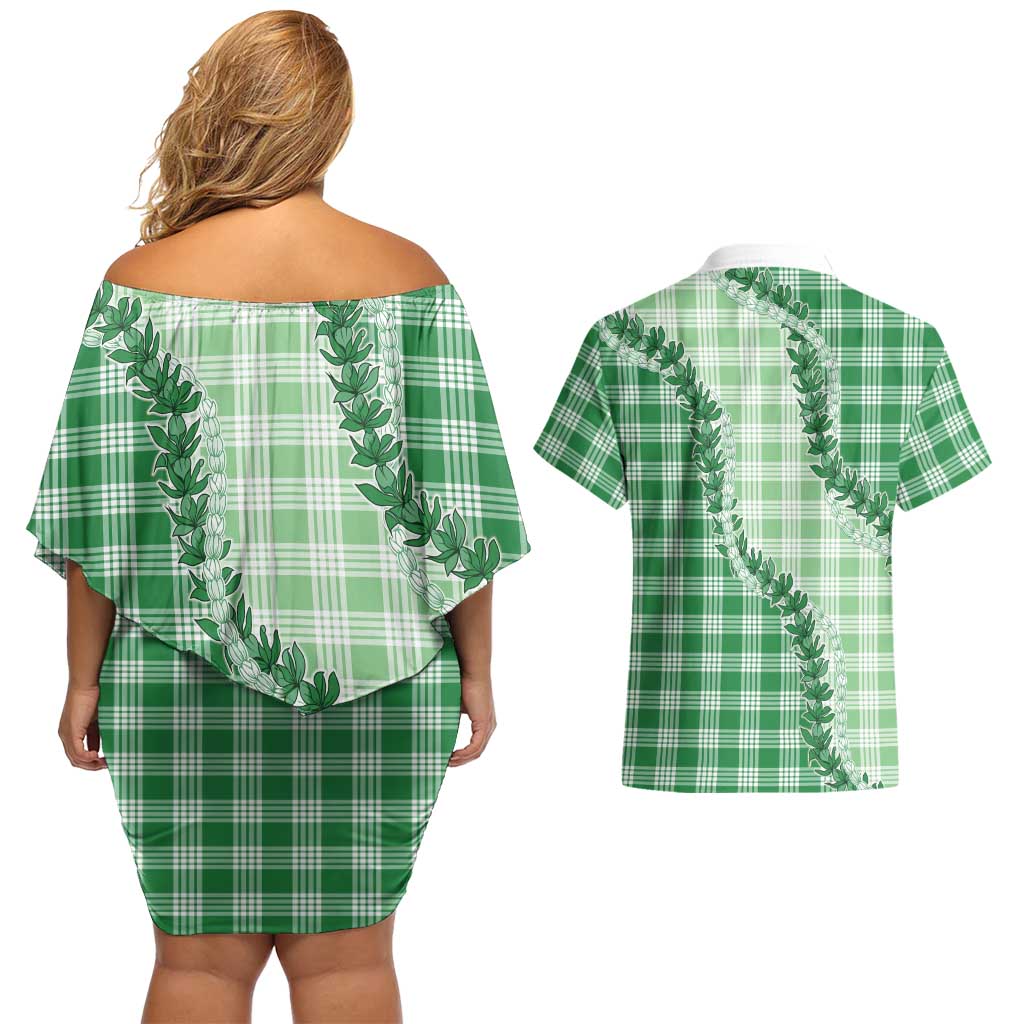 Green Hawaii Palaka Couples Matching Off Shoulder Short Dress and Hawaiian Shirt Hawaiian Pikake Lei LT05 - Polynesian Pride