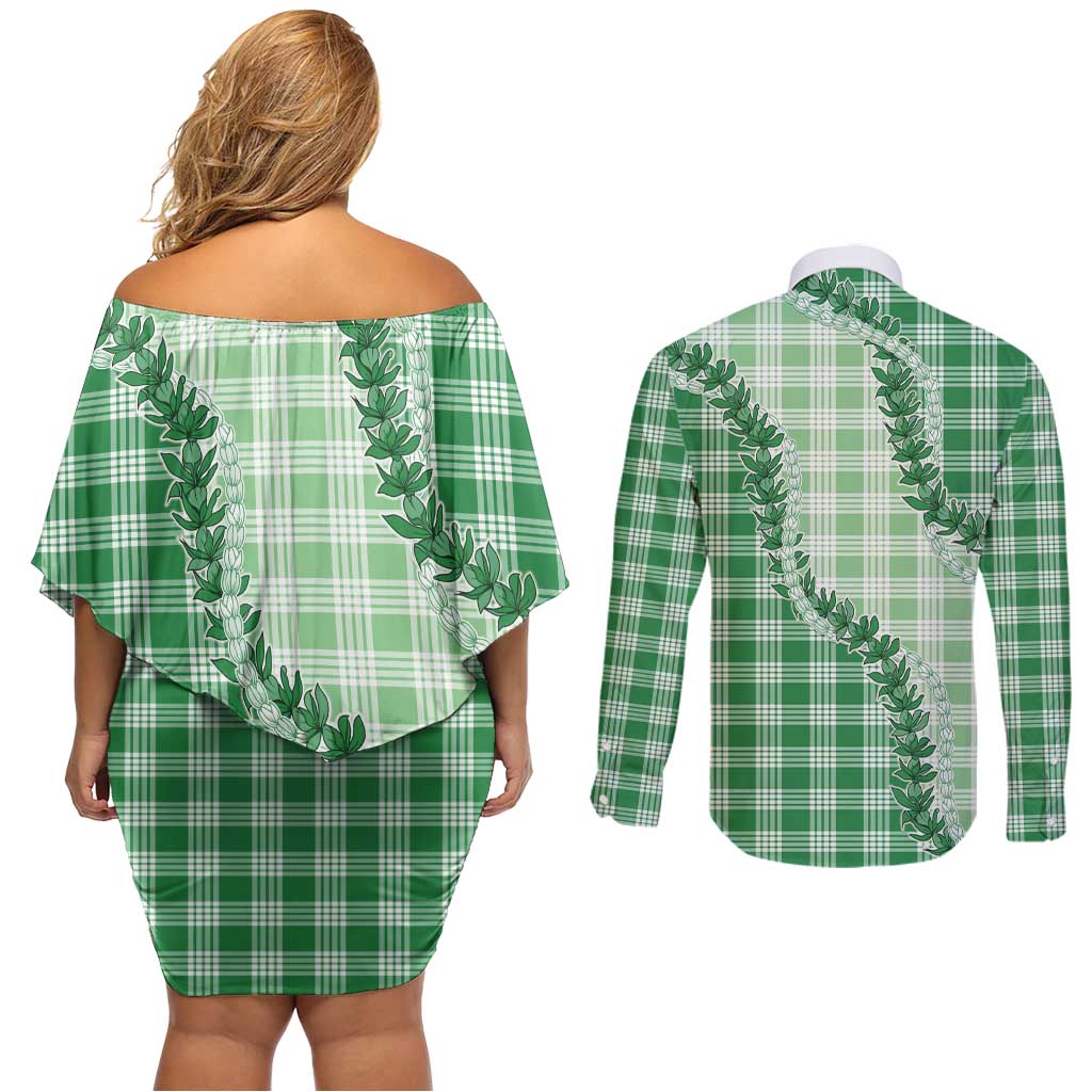 Green Hawaii Palaka Couples Matching Off Shoulder Short Dress and Long Sleeve Button Shirt Hawaiian Pikake Lei LT05 - Polynesian Pride