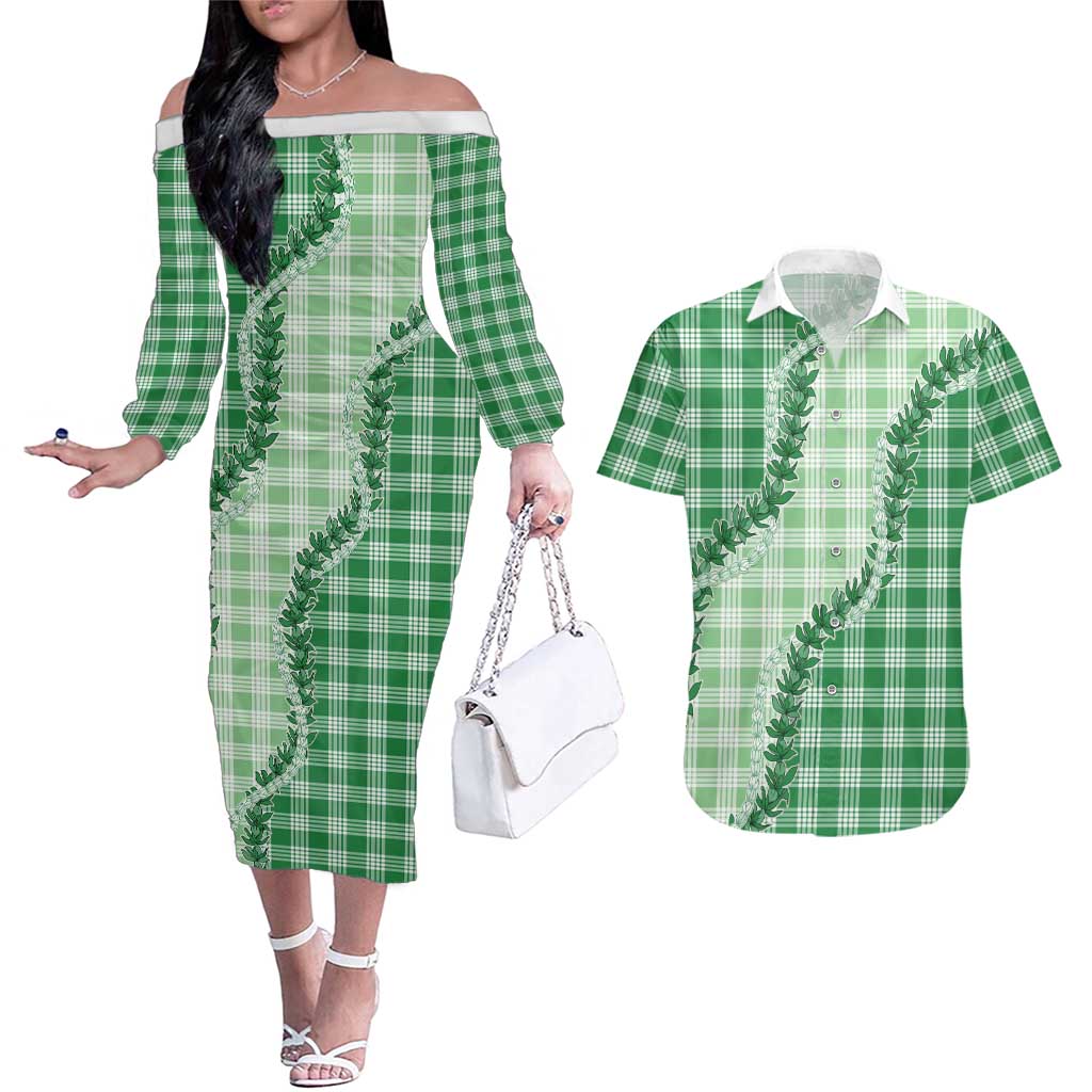 Green Hawaii Palaka Couples Matching Off The Shoulder Long Sleeve Dress and Hawaiian Shirt Hawaiian Pikake Lei LT05 Green - Polynesian Pride
