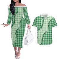 Green Hawaii Palaka Couples Matching Off The Shoulder Long Sleeve Dress and Hawaiian Shirt Hawaiian Pikake Lei LT05 Green - Polynesian Pride