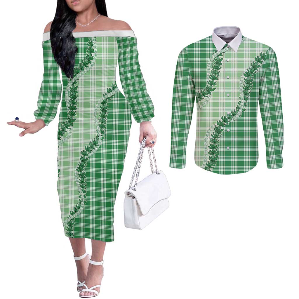 Green Hawaii Palaka Couples Matching Off The Shoulder Long Sleeve Dress and Long Sleeve Button Shirt Hawaiian Pikake Lei LT05 Green - Polynesian Pride