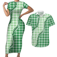 Green Hawaii Palaka Couples Matching Short Sleeve Bodycon Dress and Hawaiian Shirt Hawaiian Pikake Lei LT05 Green - Polynesian Pride