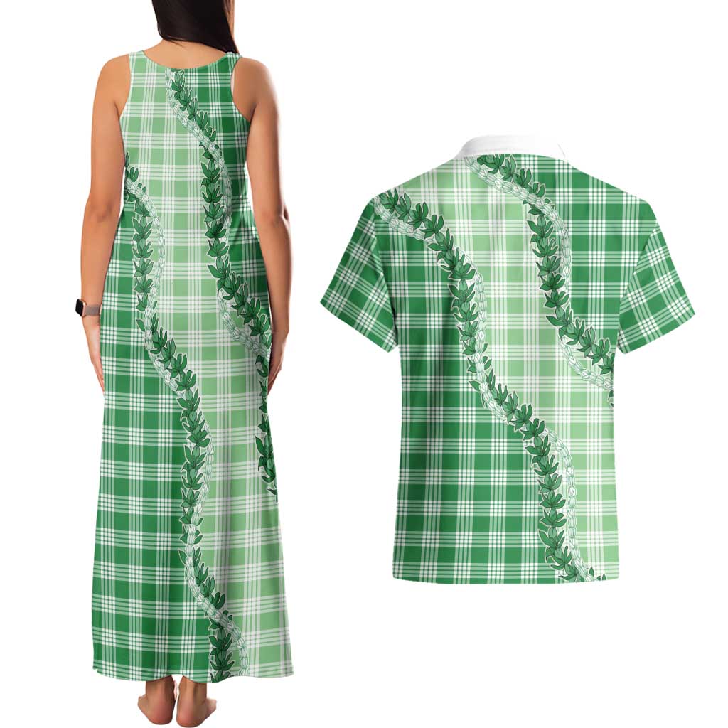 Green Hawaii Palaka Couples Matching Tank Maxi Dress and Hawaiian Shirt Hawaiian Pikake Lei LT05 - Polynesian Pride