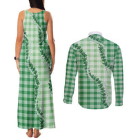 Green Hawaii Palaka Couples Matching Tank Maxi Dress and Long Sleeve Button Shirt Hawaiian Pikake Lei LT05 - Polynesian Pride
