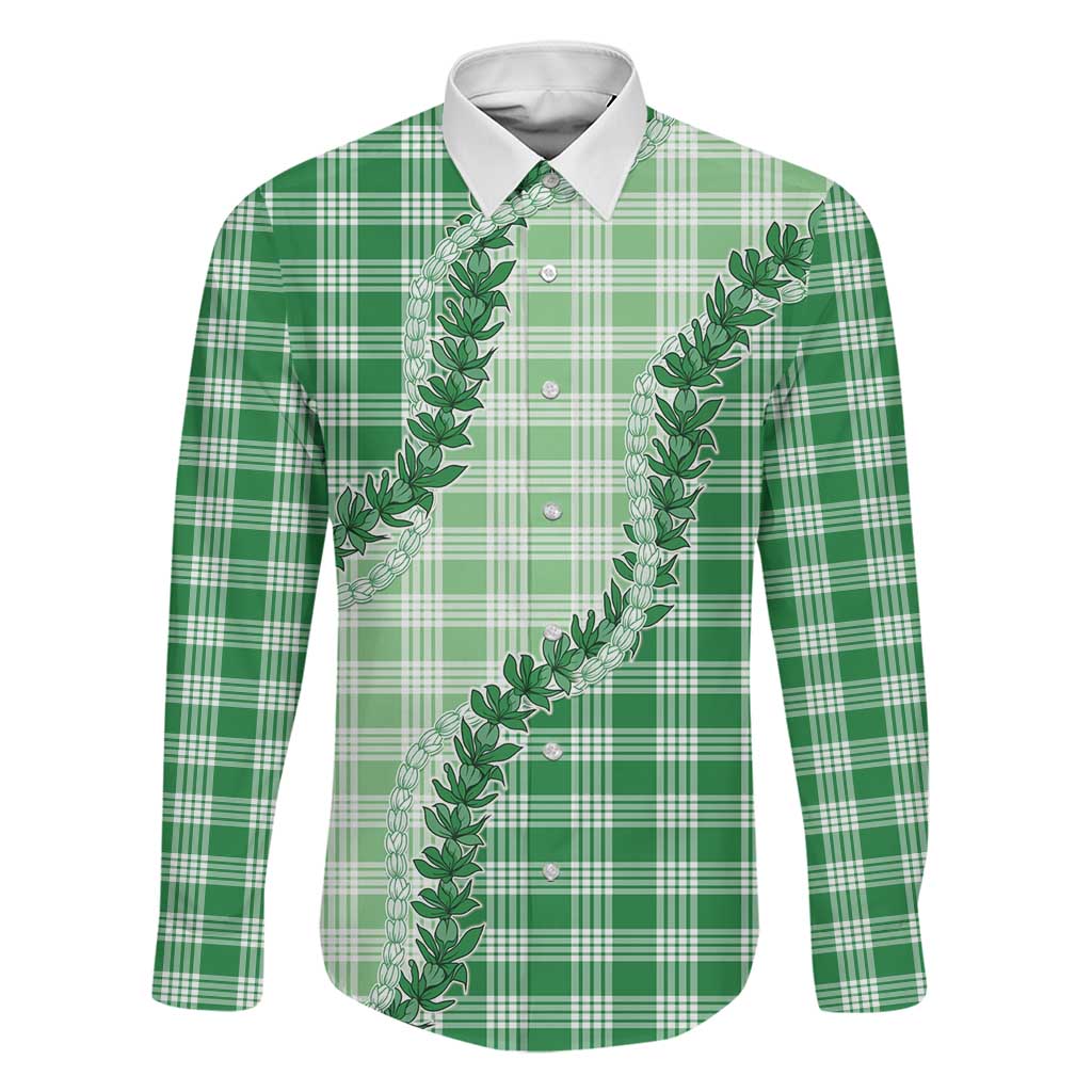 Green Hawaii Palaka Family Matching Long Sleeve Bodycon Dress and Hawaiian Shirt Hawaiian Pikake Lei LT05 Dad's Shirt - Long Sleeve Green - Polynesian Pride