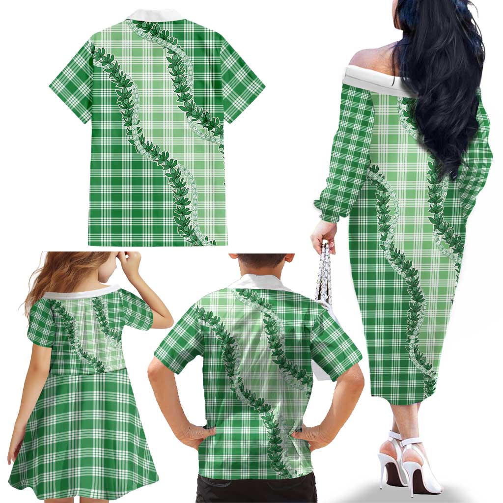 Green Hawaii Palaka Family Matching Off The Shoulder Long Sleeve Dress and Hawaiian Shirt Hawaiian Pikake Lei LT05 - Polynesian Pride