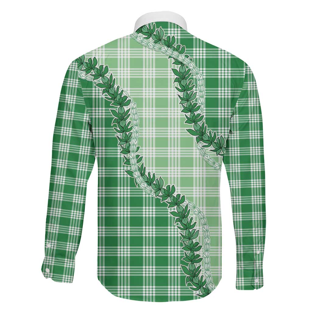 Green Hawaii Palaka Family Matching Off The Shoulder Long Sleeve Dress and Hawaiian Shirt Hawaiian Pikake Lei LT05 - Polynesian Pride