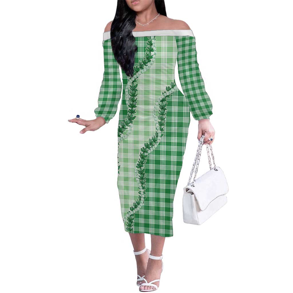 Green Hawaii Palaka Family Matching Off The Shoulder Long Sleeve Dress and Hawaiian Shirt Hawaiian Pikake Lei LT05 Mom's Dress Green - Polynesian Pride