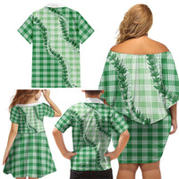 Green Hawaii Palaka Family Matching Off Shoulder Short Dress and Hawaiian Shirt Hawaiian Pikake Lei