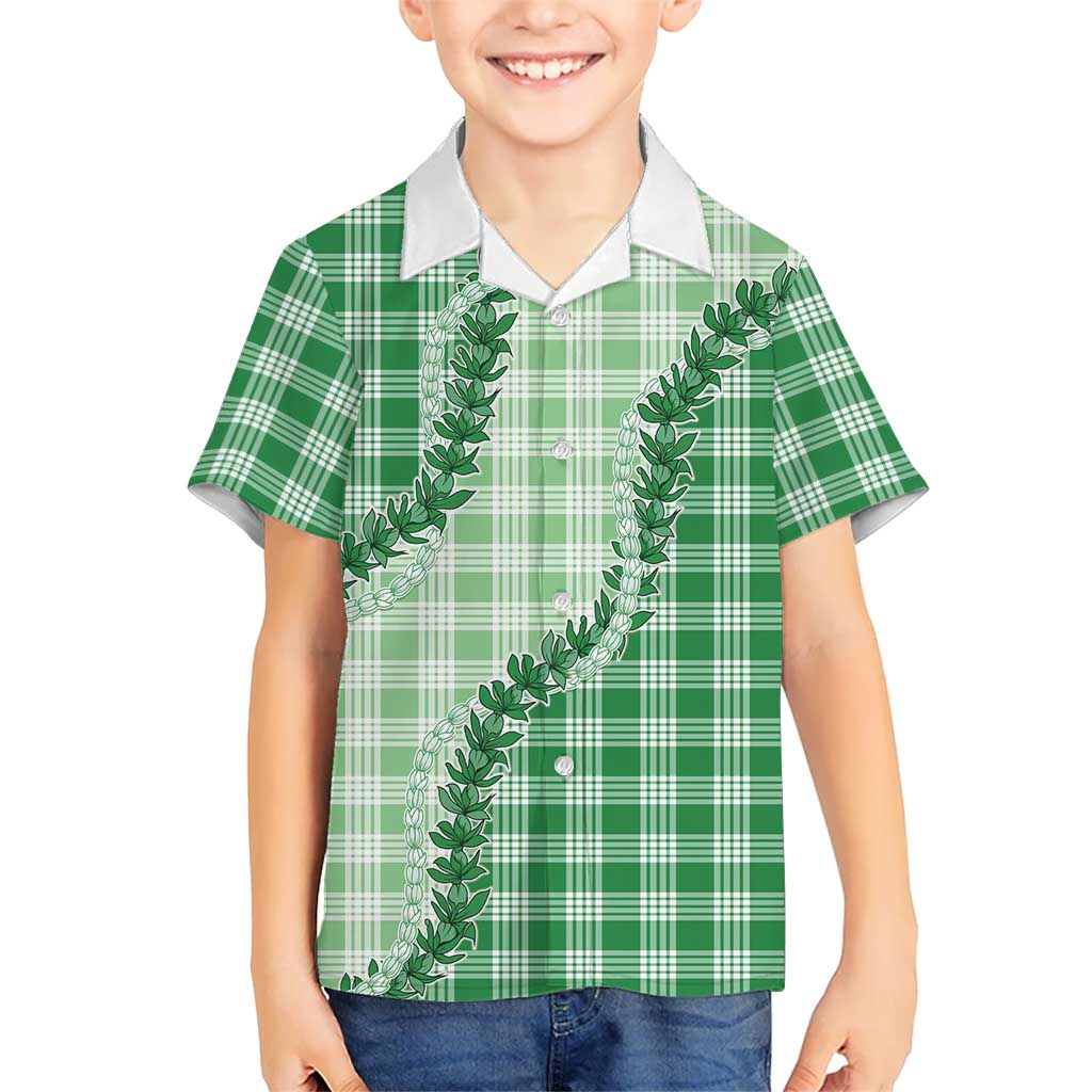 Green Hawaii Palaka Family Matching Off Shoulder Short Dress and Hawaiian Shirt Hawaiian Pikake Lei