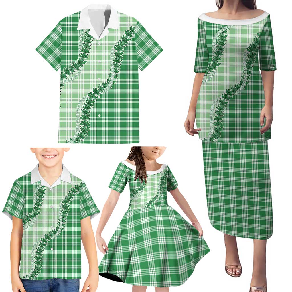 Green Hawaii Palaka Family Matching Puletasi and Hawaiian Shirt Hawaiian Pikake Lei