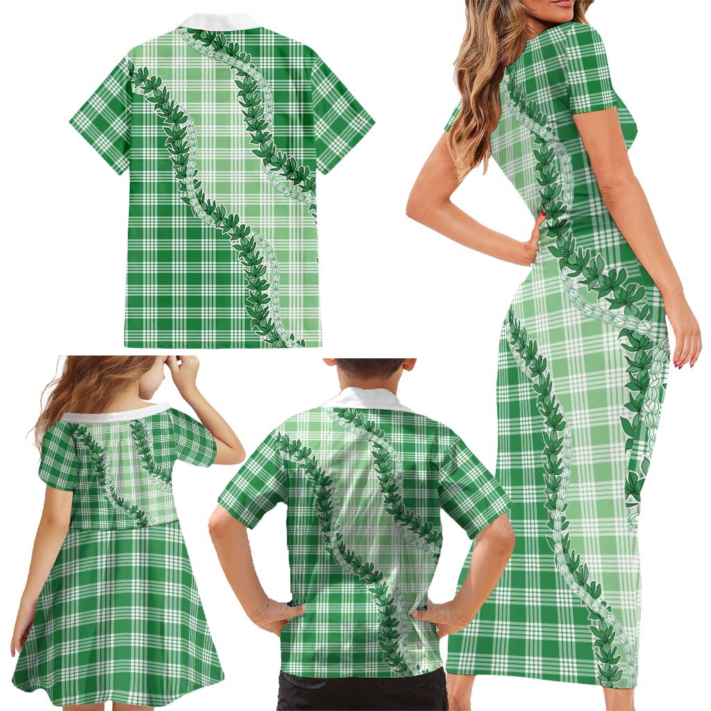 Green Hawaii Palaka Family Matching Short Sleeve Bodycon Dress and Hawaiian Shirt Hawaiian Pikake Lei LT05 - Polynesian Pride
