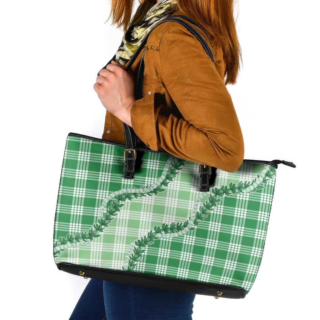 Green Hawaii Palaka Leather Tote Bag Hawaiian Pikake Lei LT05 Green - Polynesian Pride