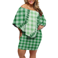 Green Hawaii Palaka Off Shoulder Short Dress Hawaiian Pikake Lei