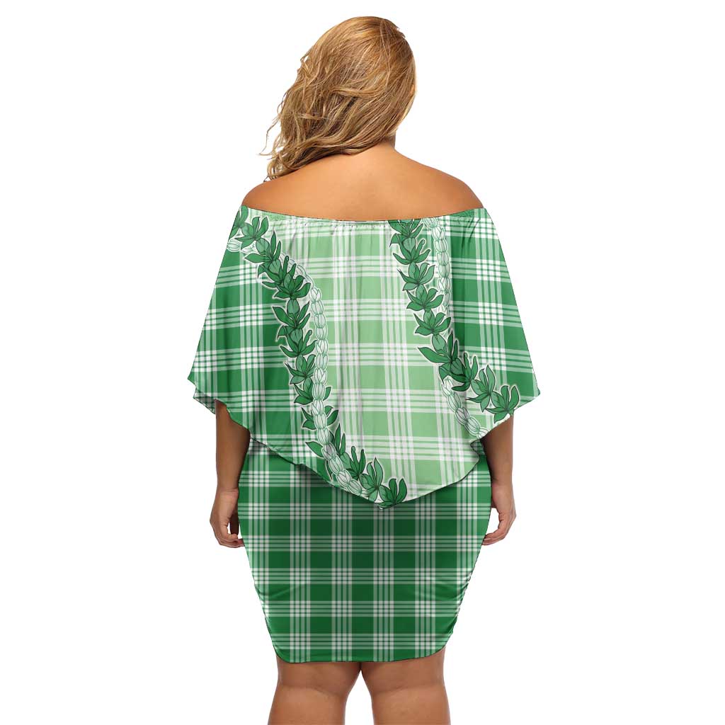 Green Hawaii Palaka Off Shoulder Short Dress Hawaiian Pikake Lei