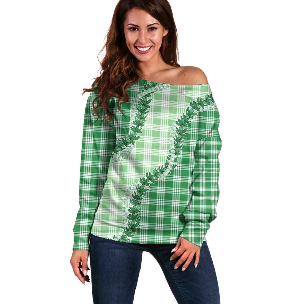 Green Hawaii Palaka Off Shoulder Sweater Hawaiian Pikake Lei