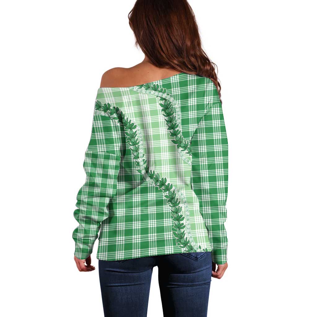 Green Hawaii Palaka Off Shoulder Sweater Hawaiian Pikake Lei