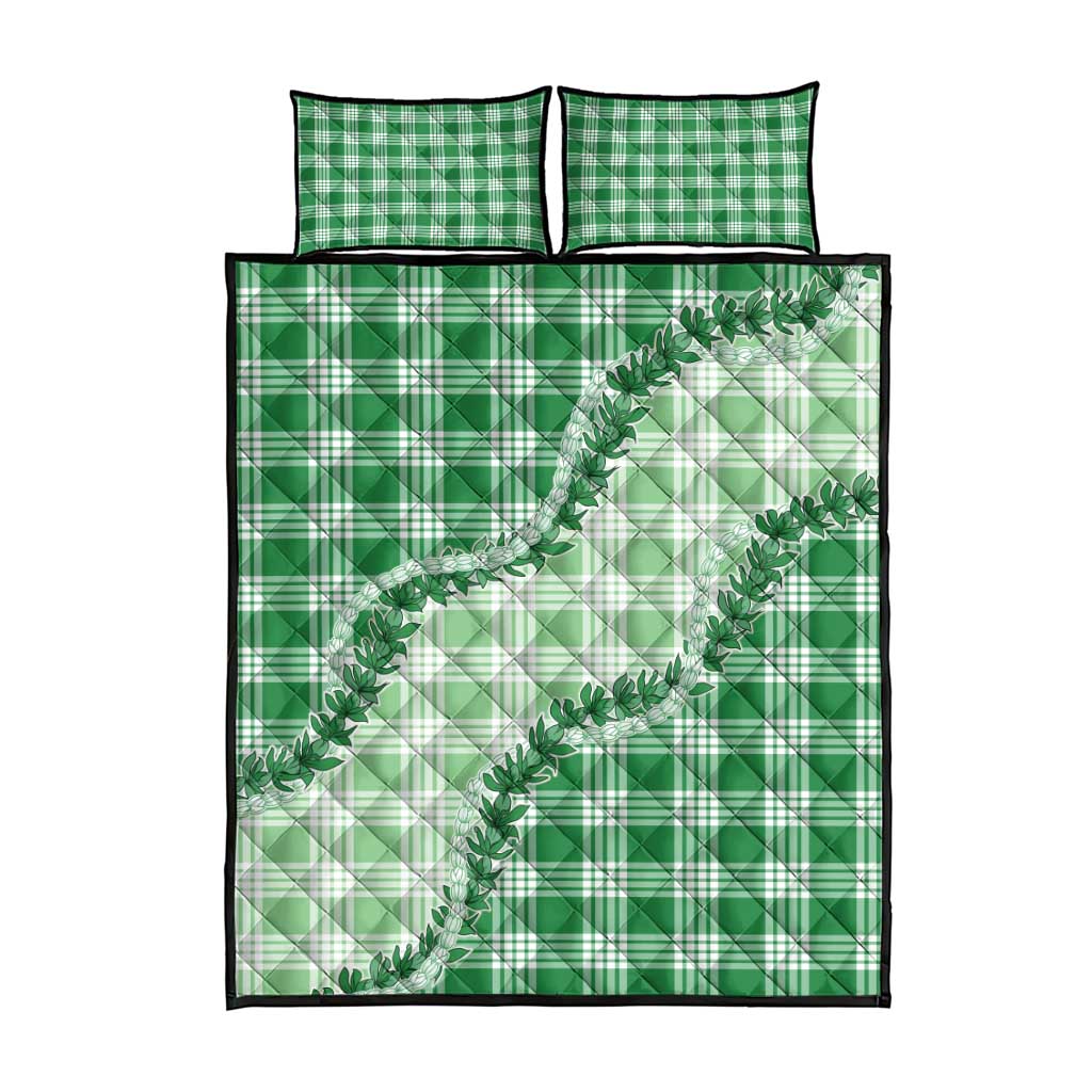 Green Hawaii Palaka Quilt Bed Set Hawaiian Pikake Lei