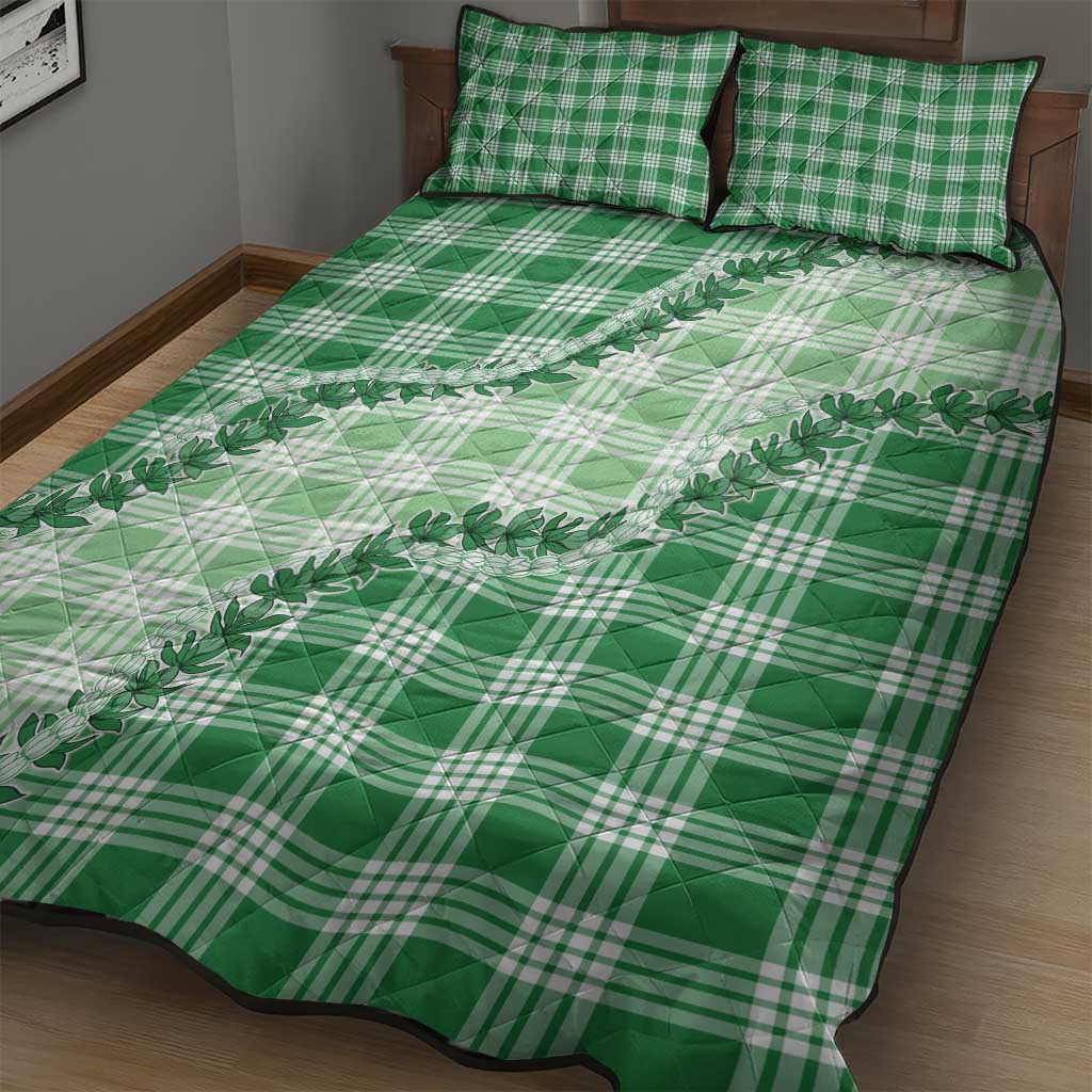 Green Hawaii Palaka Quilt Bed Set Hawaiian Pikake Lei