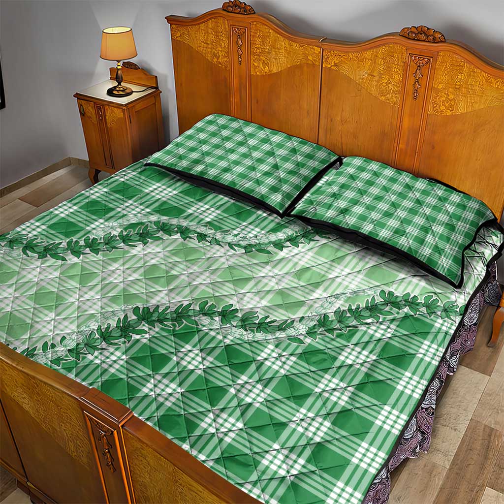 Green Hawaii Palaka Quilt Bed Set Hawaiian Pikake Lei