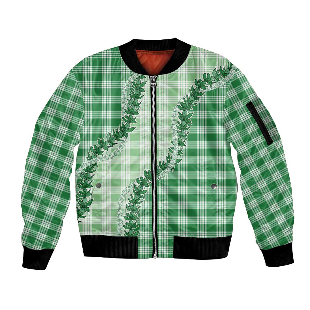 Green Hawaii Palaka Sleeve Zip Bomber Jacket Hawaiian Pikake Lei