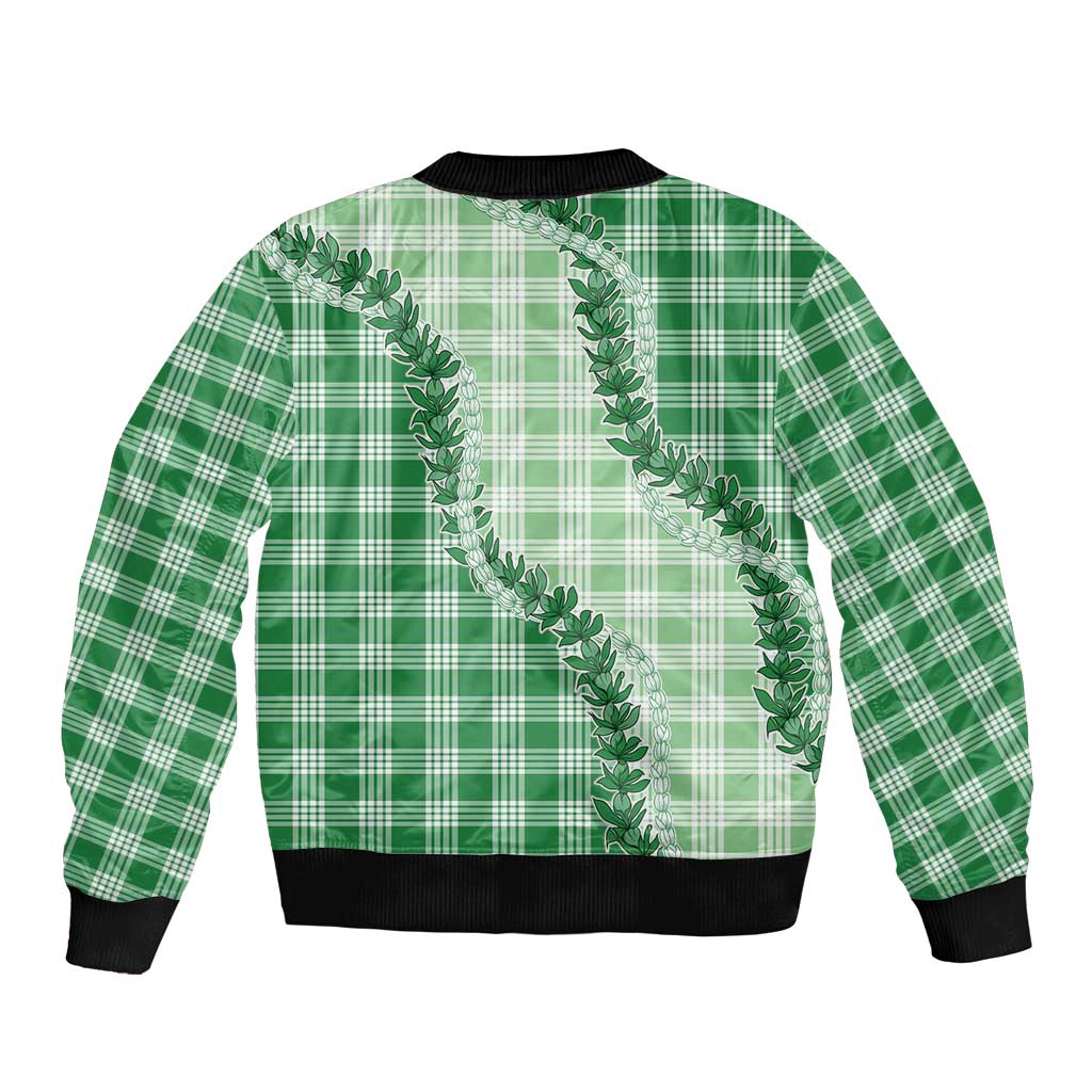 Green Hawaii Palaka Sleeve Zip Bomber Jacket Hawaiian Pikake Lei