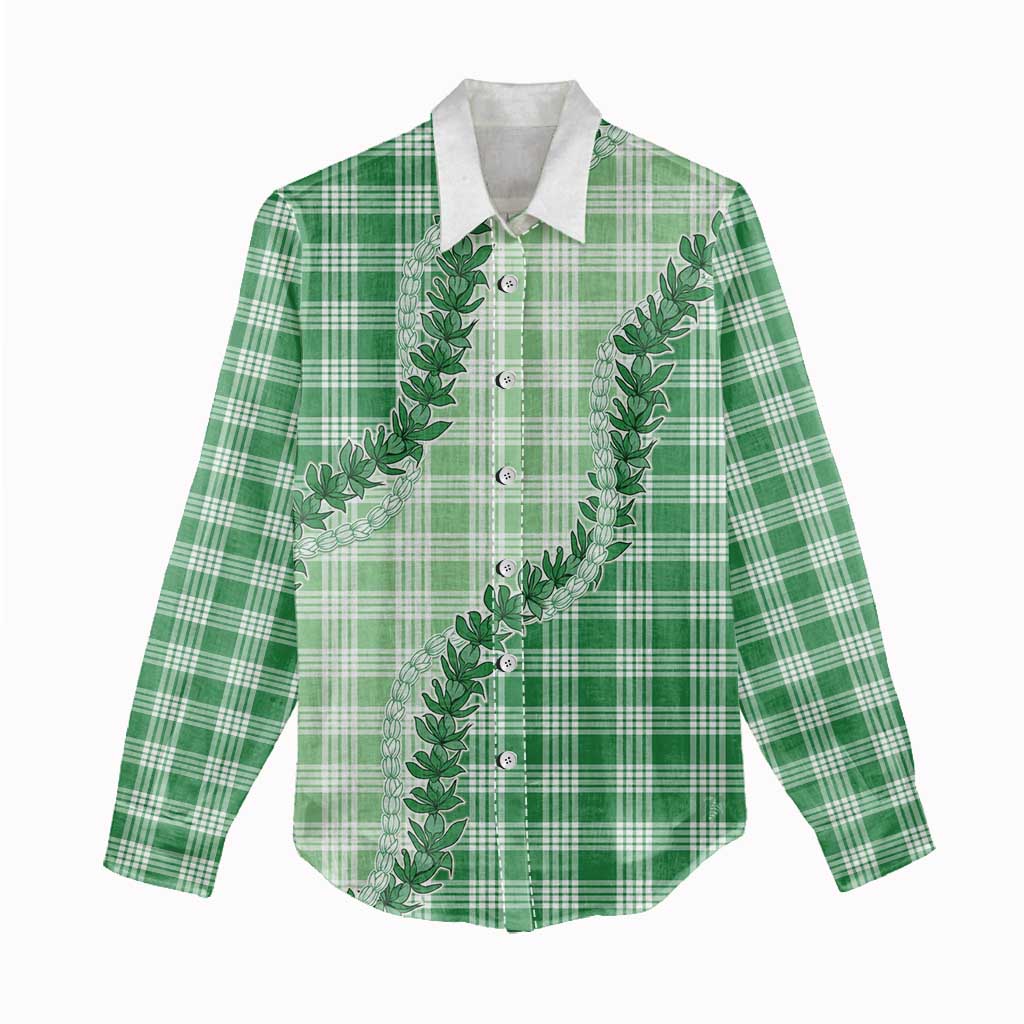 Green Hawaii Palaka Women Casual Shirt Hawaiian Pikake Lei