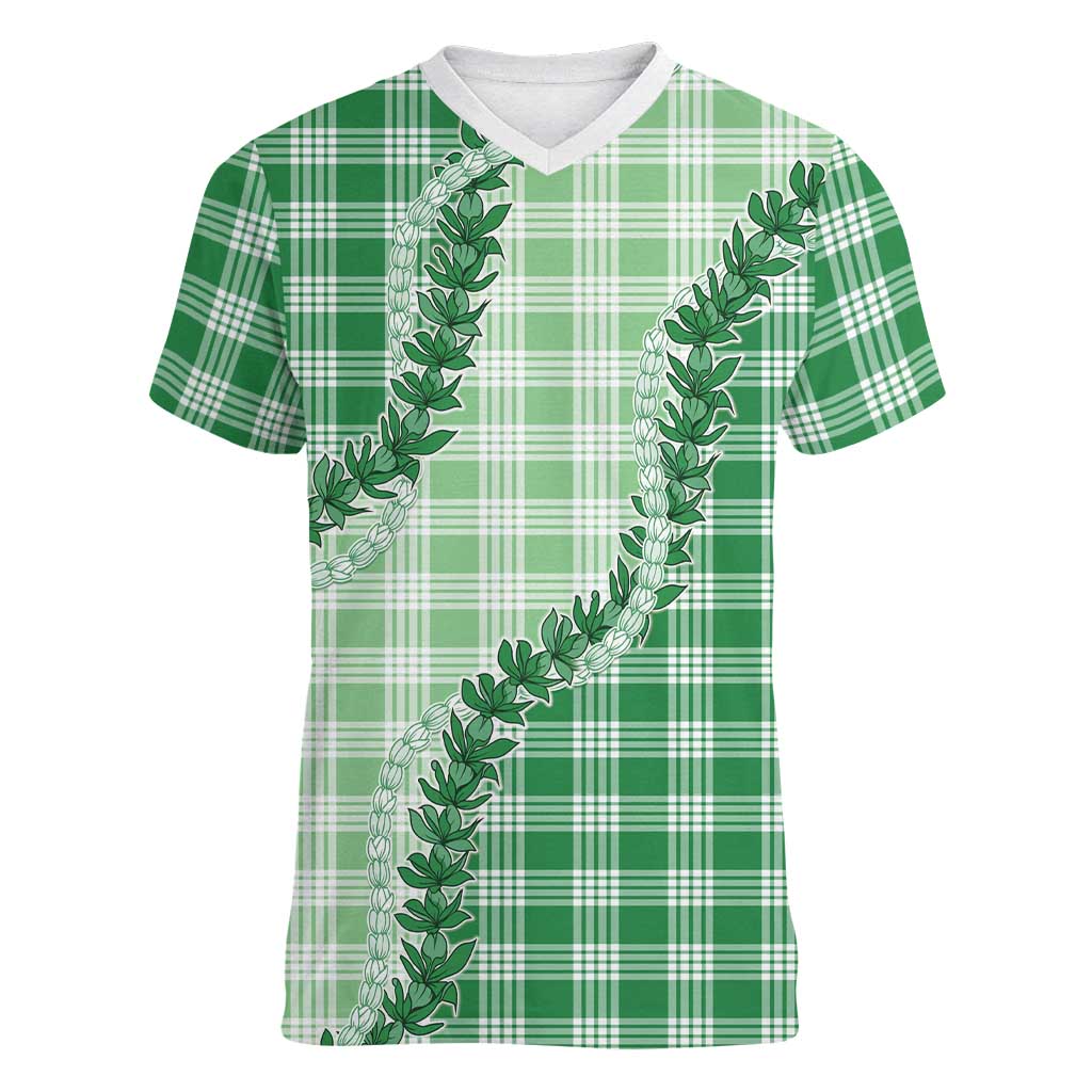 Green Hawaii Palaka Women V-Neck T-Shirt Hawaiian Pikake Lei LT05 Female Green - Polynesian Pride