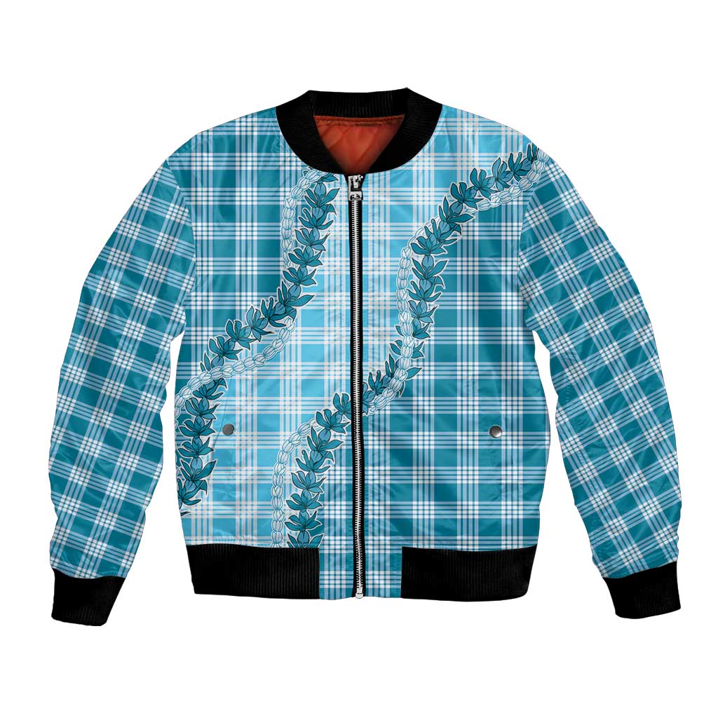 Blue Hawaii Palaka Bomber Jacket Hawaiian Pikake Lei