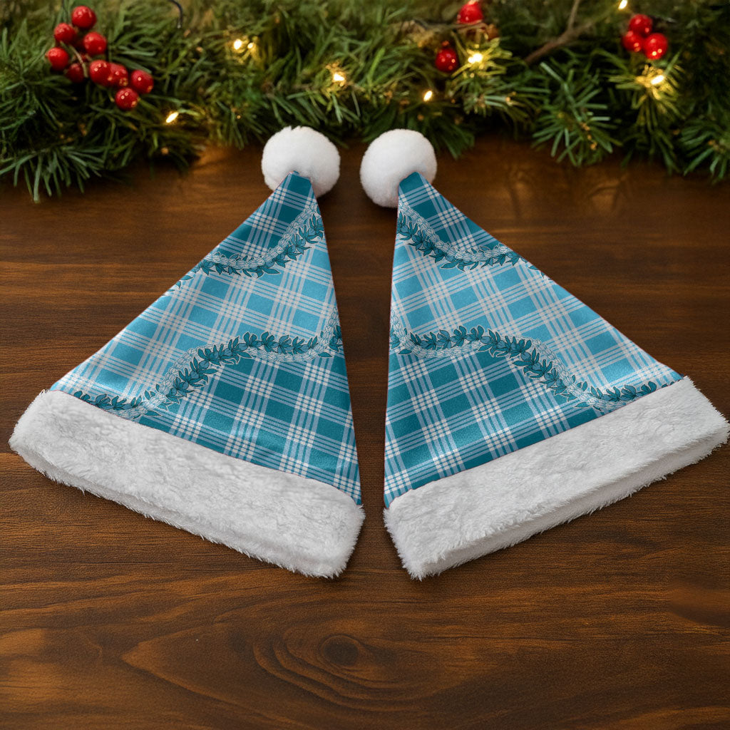 Blue Hawaii Palaka Christmas Santa Hat Hawaiian Pikake Lei