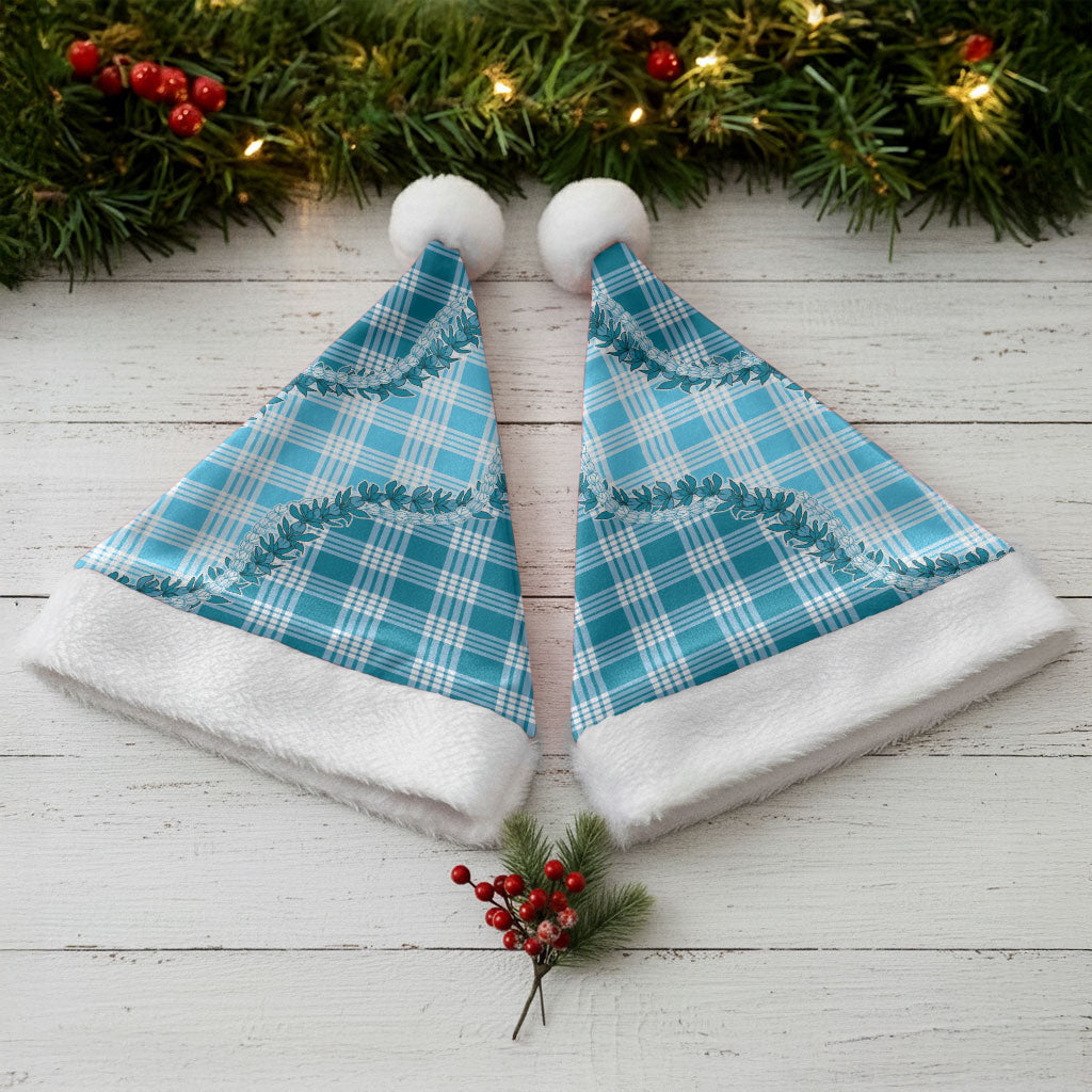 Blue Hawaii Palaka Christmas Santa Hat Hawaiian Pikake Lei