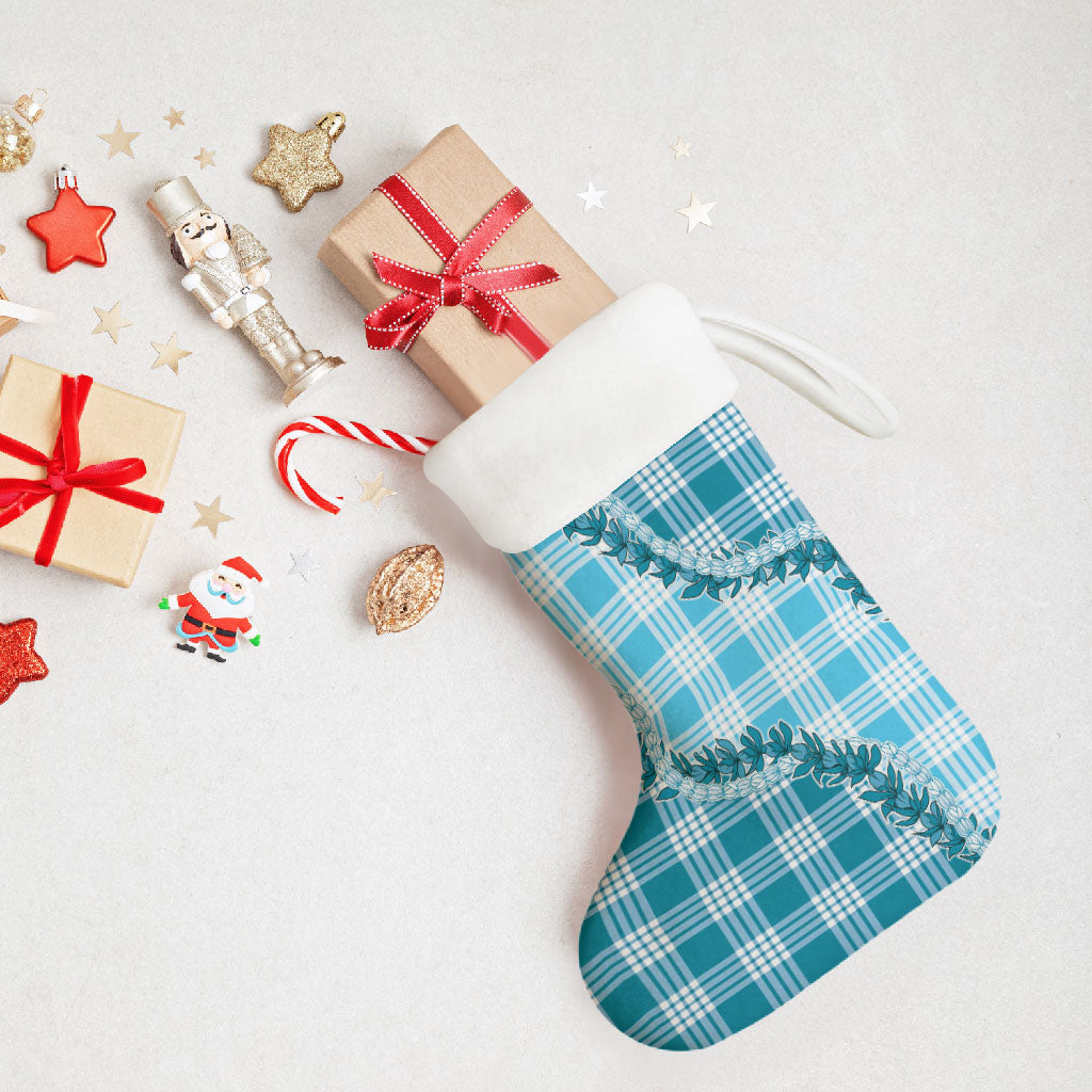 Blue Hawaii Palaka Christmas Stocking Hawaiian Pikake Lei