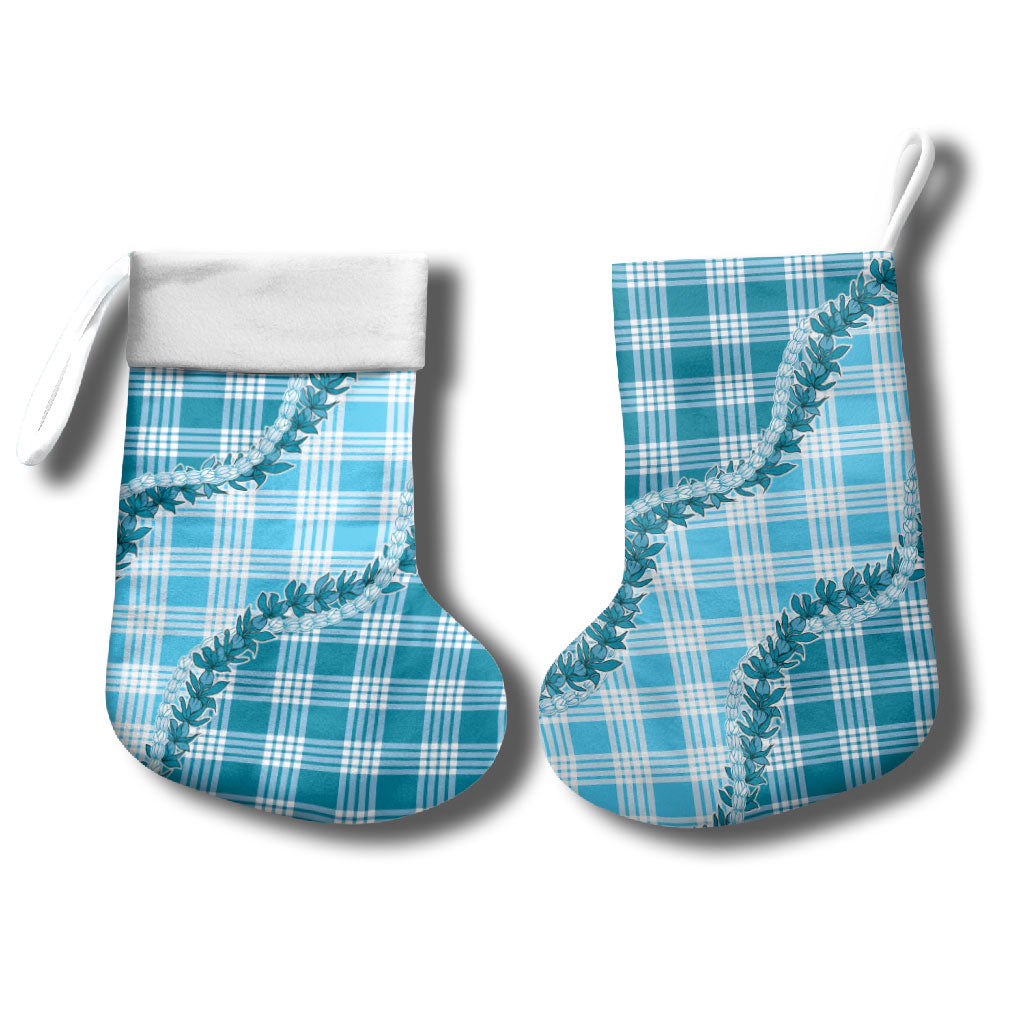 Blue Hawaii Palaka Christmas Stocking Hawaiian Pikake Lei