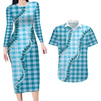 Blue Hawaii Palaka Couples Matching Long Sleeve Bodycon Dress and Hawaiian Shirt Hawaiian Pikake Lei LT05 Blue - Polynesian Pride
