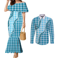 Blue Hawaii Palaka Couples Matching Mermaid Dress and Long Sleeve Button Shirt Hawaiian Pikake Lei LT05 Blue - Polynesian Pride