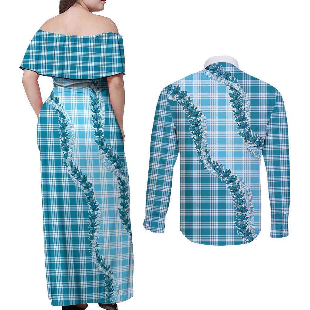 Blue Hawaii Palaka Couples Matching Off Shoulder Maxi Dress and Long Sleeve Button Shirt Hawaiian Pikake Lei