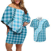 Blue Hawaii Palaka Couples Matching Off Shoulder Short Dress and Hawaiian Shirt Hawaiian Pikake Lei LT05 Blue - Polynesian Pride